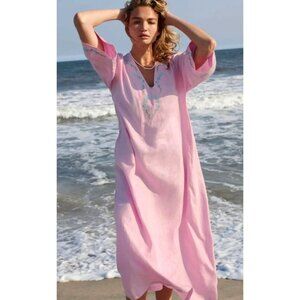 Fanm Mon x Andie Dress Women Small‎ Pink Linen Embroidered The Kepez Kaftan Maxi